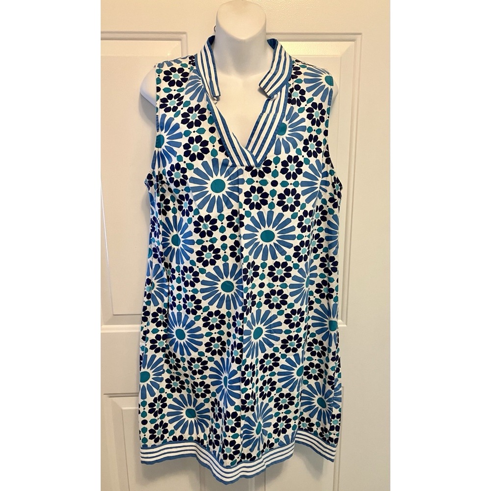 Mudpie Girls Shift Dress Sz L 12-14 White Blue Geo Print Women's XS